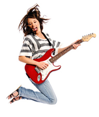 Image of woman jumping & playing guitar